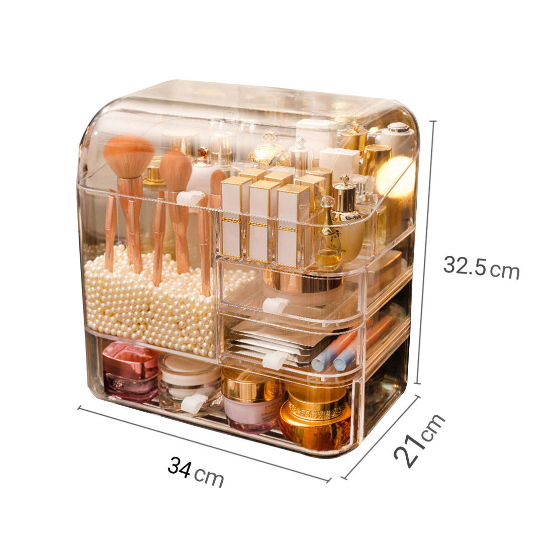 2X Transparent Cosmetic Storage Box Clear Makeup Skincare Holder with Lid Drawers Waterproof  Dustproof Organiser with Pearls