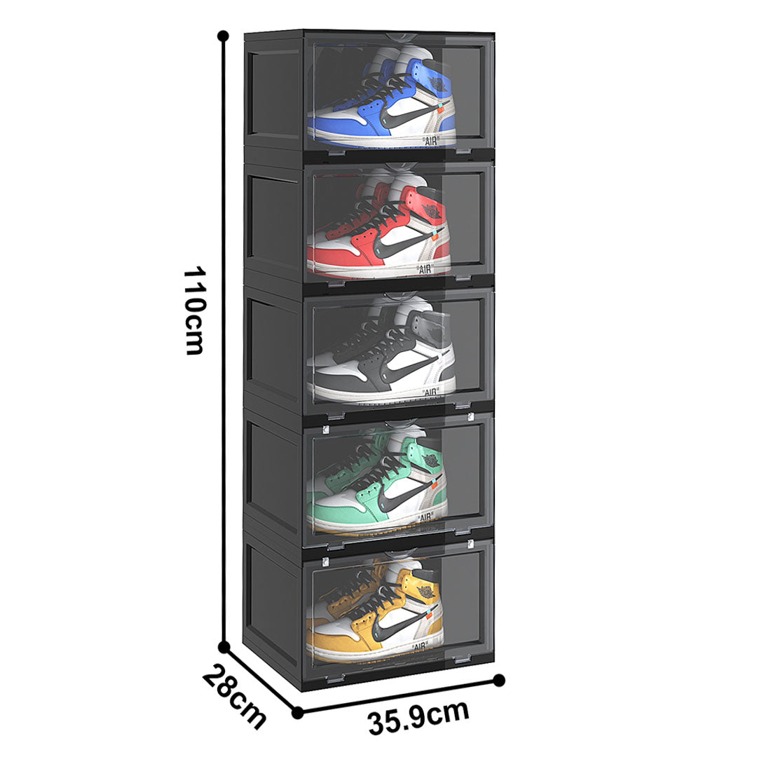 2X 5 Tier Black Portable Shoe Organiser Sneaker Footwear Folding Plastic Bin Stackable Storage Box with Magnetic Door