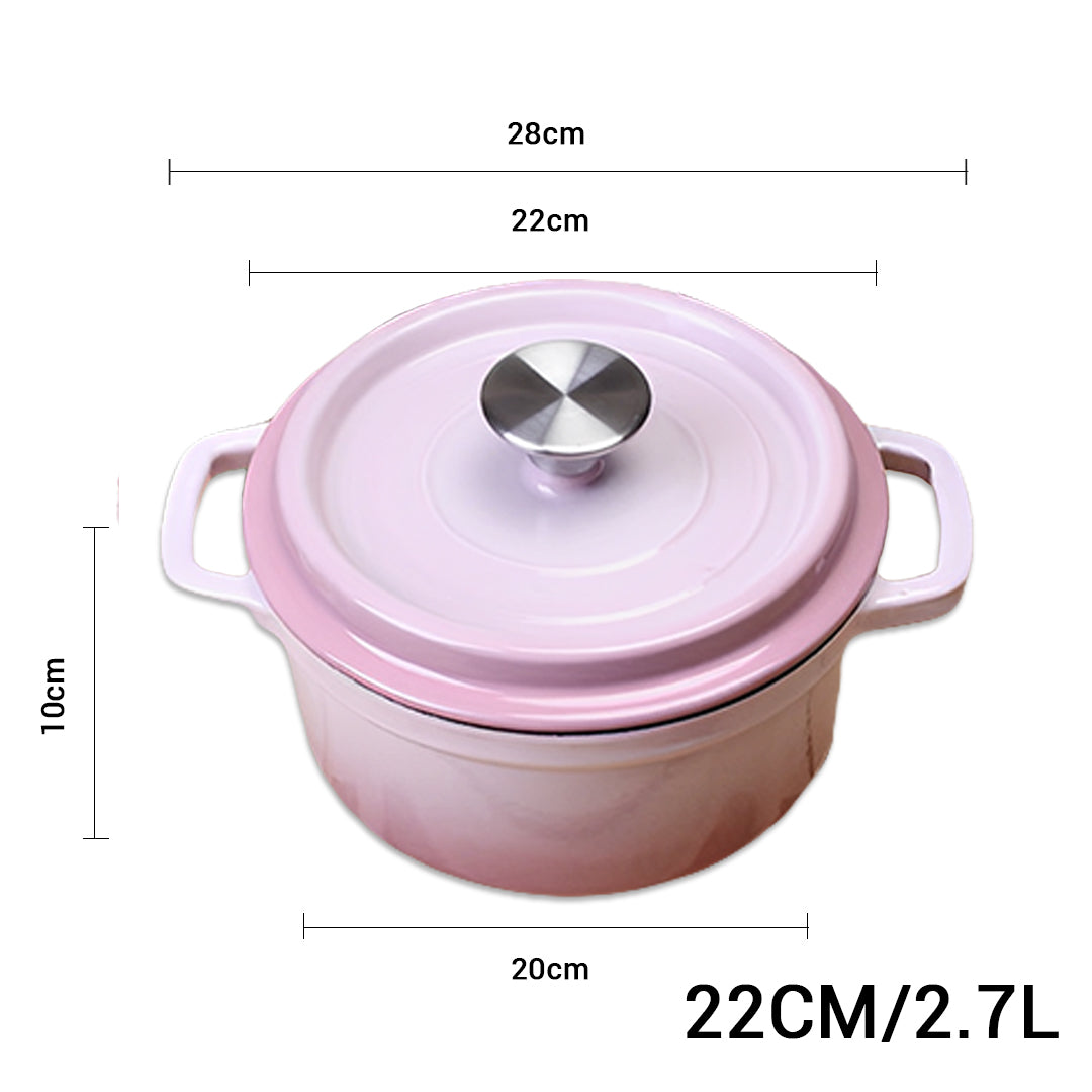 22cm Pink Cast Iron Ceramic Stewpot Casserole Stew Cooking Pot With Lid