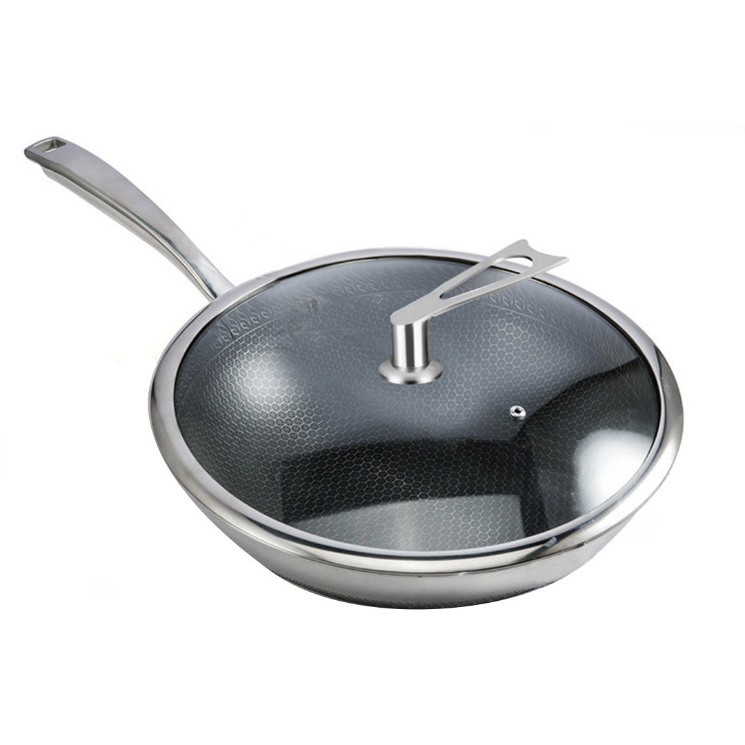 Soga 32cm Stainless Steel Tri Ply Frying Cooking Fry Pan Textured Non Stick Interior Skillet With Glass Lid