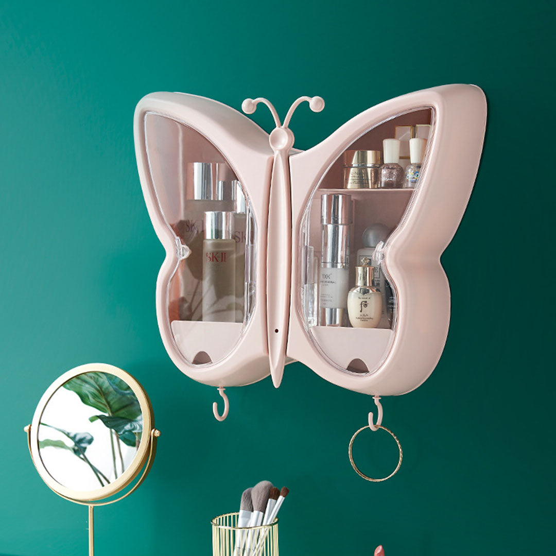 Soga Pink Butterfly Shape Wall Mounted Makeup Organiser Dustproof Waterproof Bathroom Storage Box Home Decor