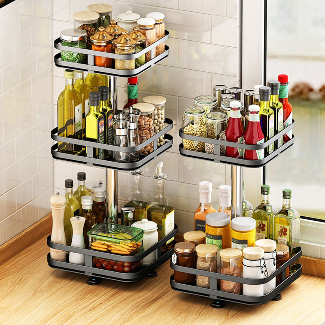 2X 2 Tier Steel Black Square Rotating Multi-Function Kitchen Portable Storage Spice Seasoning Kitchen Countertop Organiser Shelf