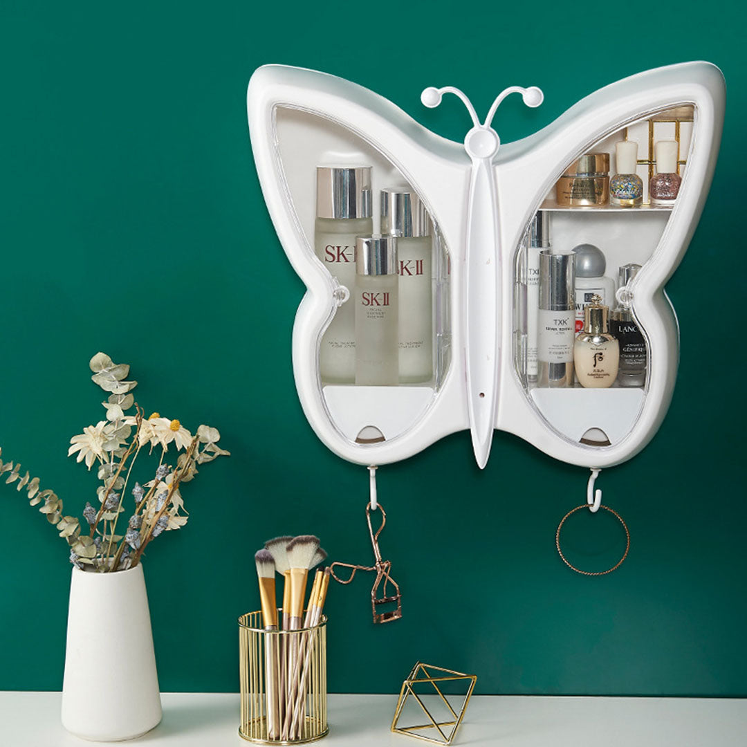 2X White Butterfly Shape Wall-Mounted Makeup Organiser Dustproof Waterproof Bathroom Storage Box Home Decor
