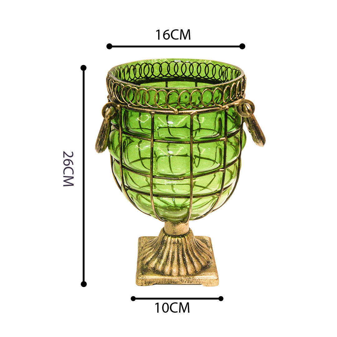 Soga Green Colored European Glass Jar Flower Vase Solid Base With Metal Handle