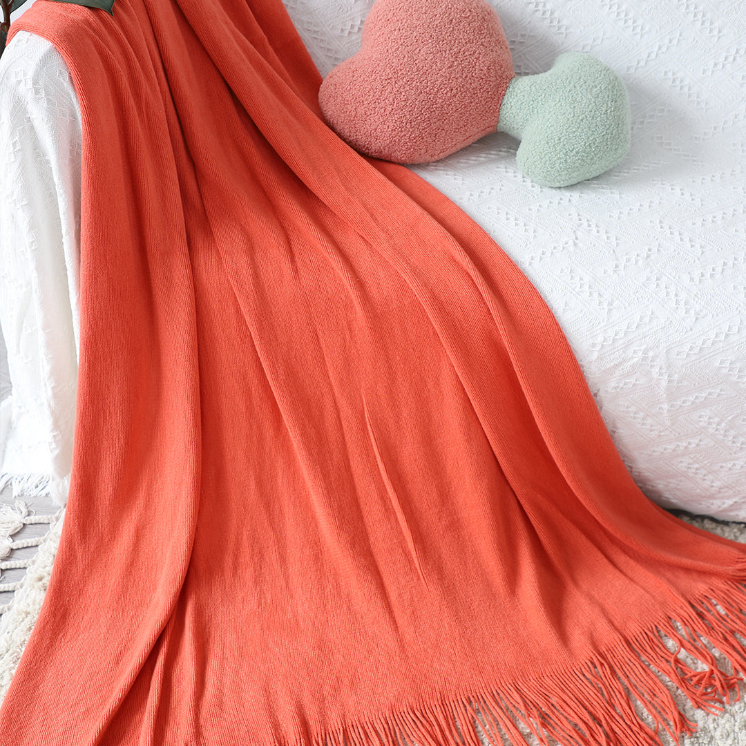 Orange Acrylic Knitted Throw Blanket Solid Fringed Warm Cozy Woven Cover Couch Bed Sofa Home Decor