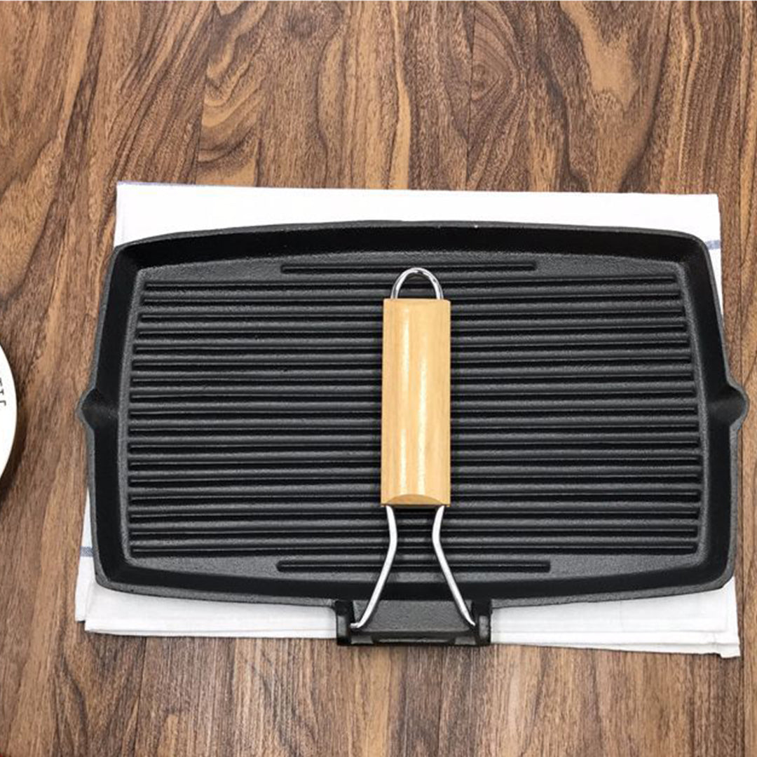 20.5cm Rectangular Cast Iron Griddle Grill Frying Pan with Folding Wooden Handle