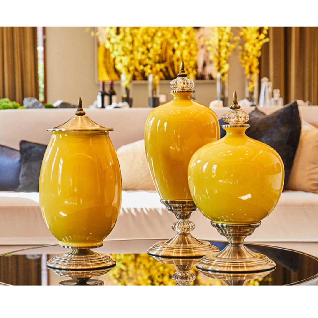 Soga 3 X Ceramic Oval Flower Vase With White Flower Set Yellow