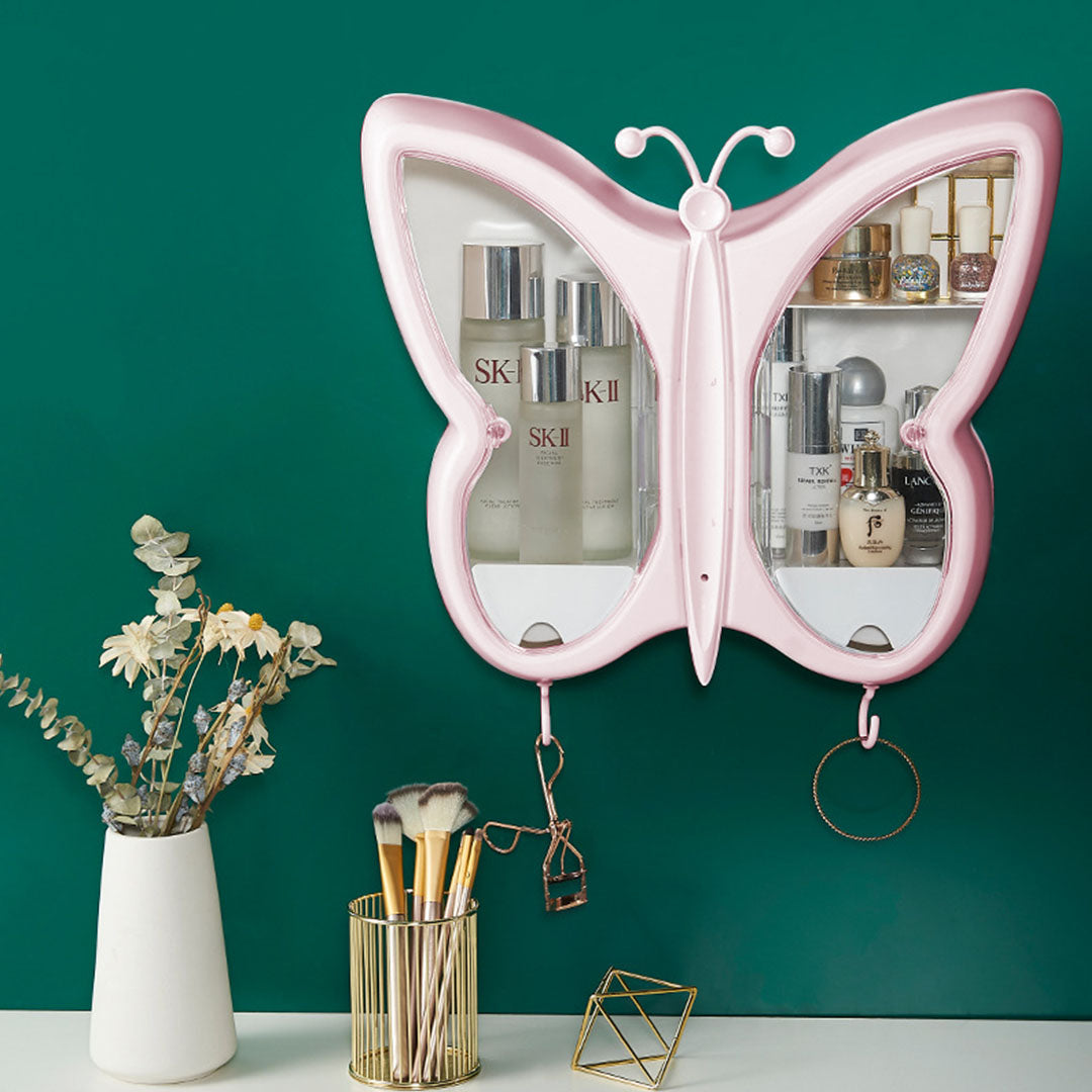 2X Pink Butterfly Shape Wall-Mounted Makeup Organiser Dustproof Waterproof Bathroom Storage Box Home Decor