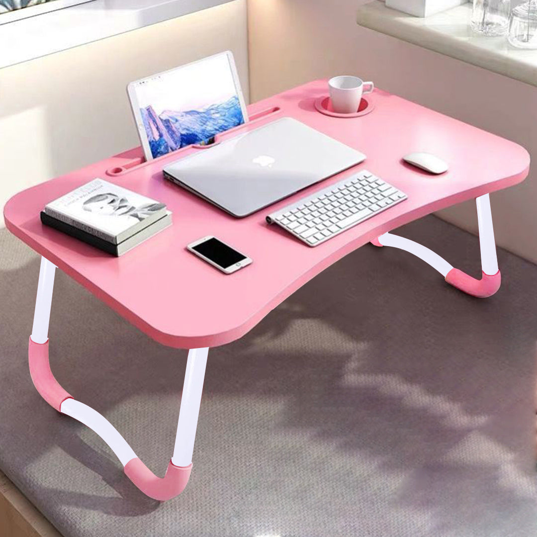 2X Pink Portable Bed Table Adjustable Folding Mini Desk Notebook Stand Card Slot Holder with Cup-Holder Home Decor
