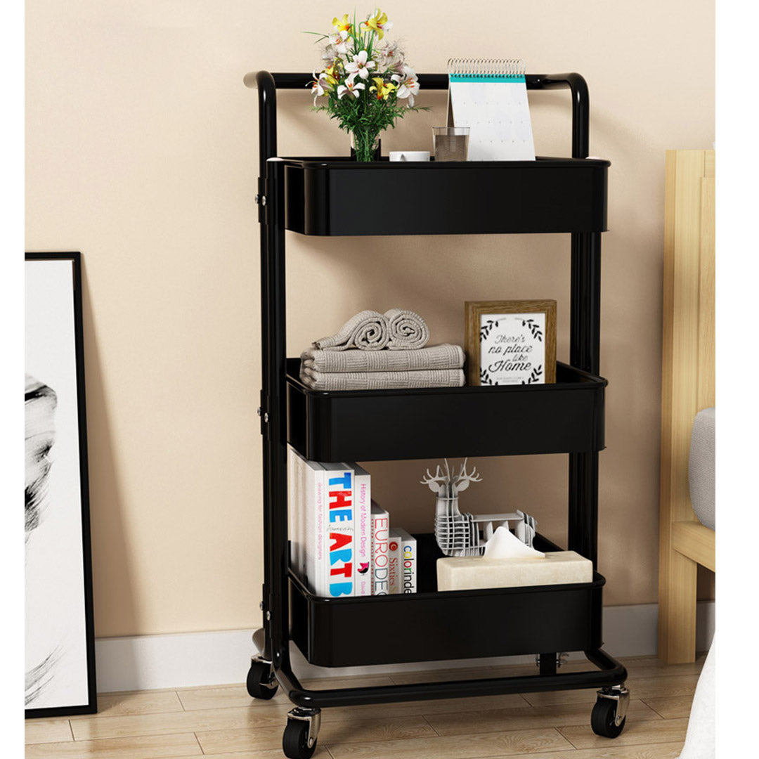 Soga 3 Tier Steel Black Movable Kitchen Cart Multi Functional Shelves Portable Storage Organizer With Wheels