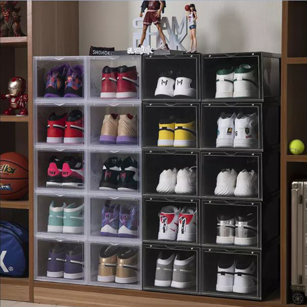 2X 2 Tier Transparent Portable Shoe Organiser Sneaker Footwear Folding Plastic Bin Stackable Storage Box with Magnetic Door
