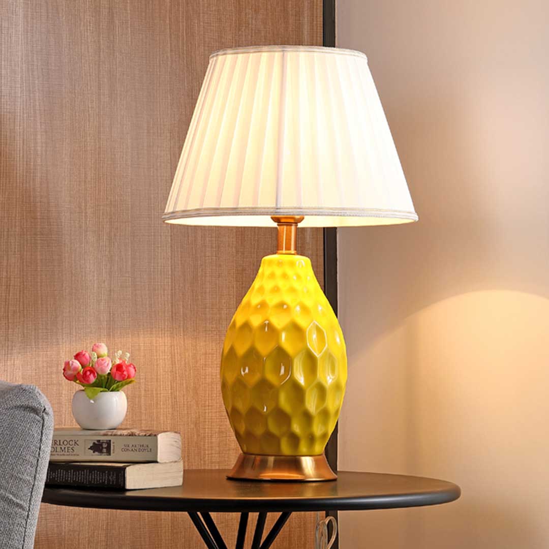 Soga Textured Ceramic Oval Table Lamp With Gold Metal Base Yellow