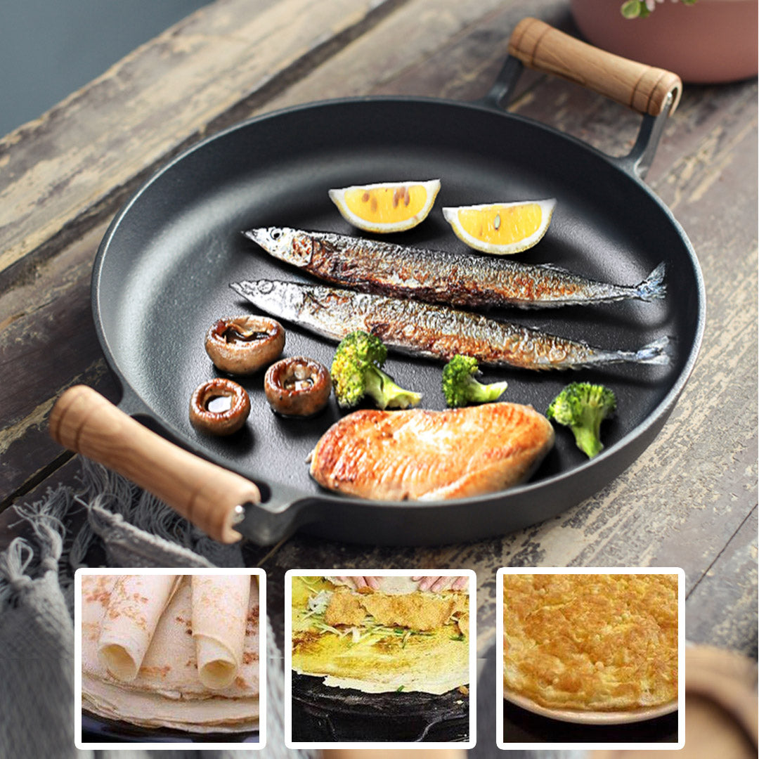 Soga 35cm Cast Iron Frying Pan Skillet Steak Sizzle Fry Platter With Wooden Handle No Lid