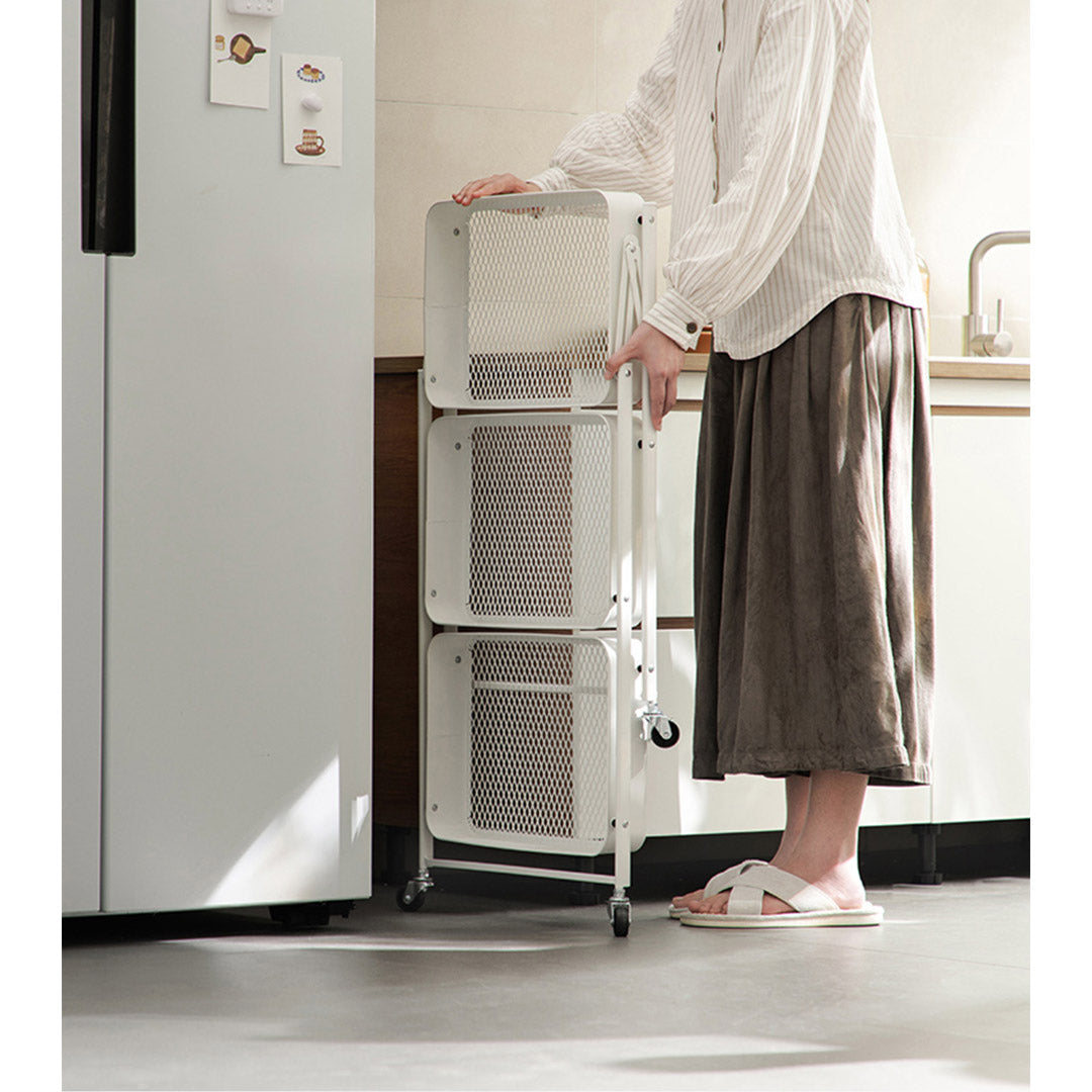 Soga 3 Tier Steel White Foldable Kitchen Cart Multi Functional Shelves Portable Storage Organizer With Wheels