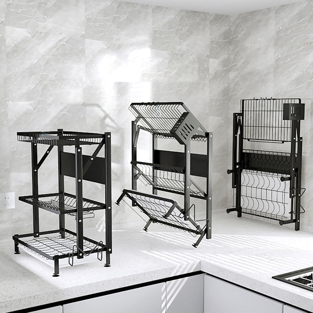 2X 3 Tier Steel Black Kitchen Countertop Drying Rack Dish Plate Cutlery Cutting Board Holder Dish Drainer Kitchen Organiser