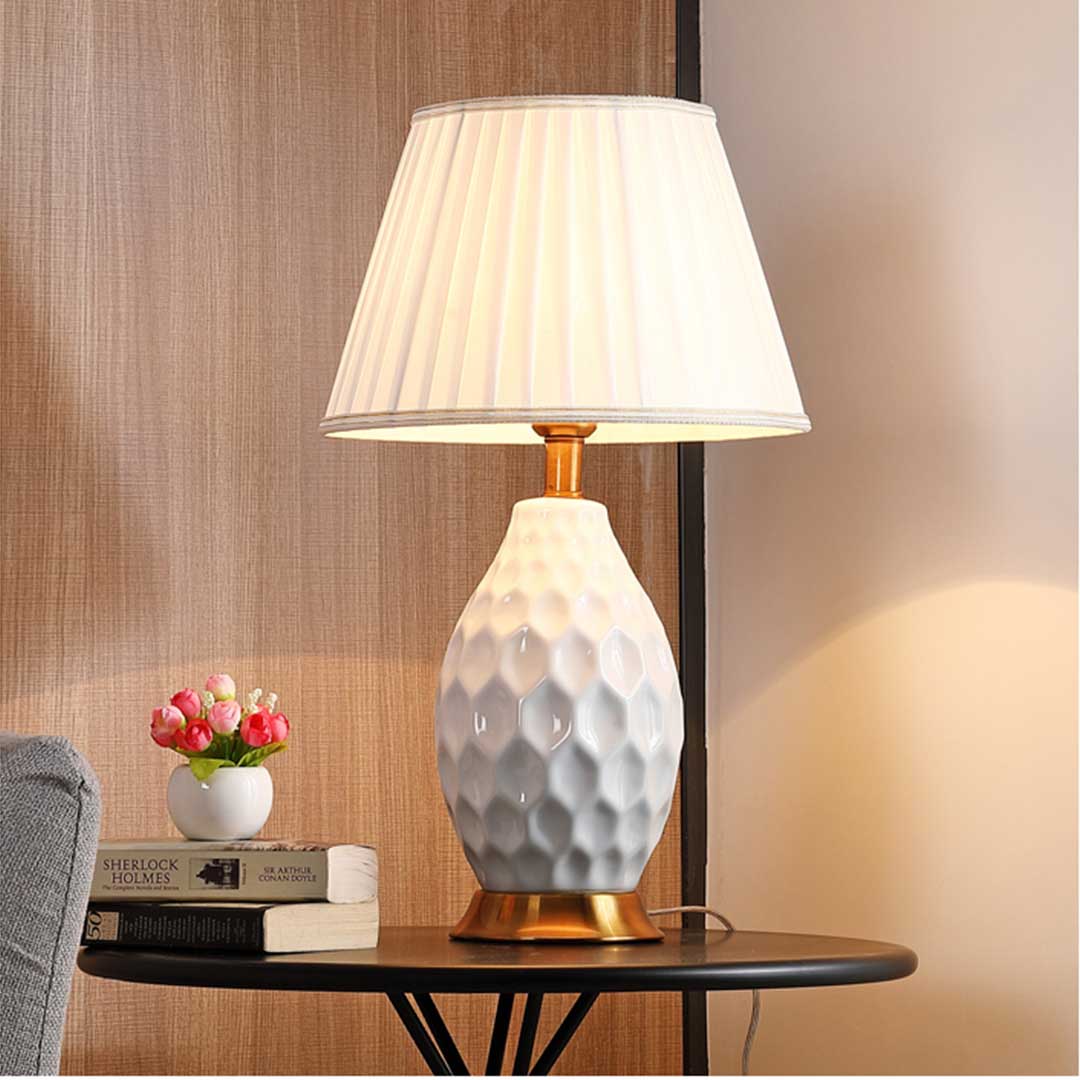 Soga Textured Ceramic Oval Table Lamp With Gold Metal Base White