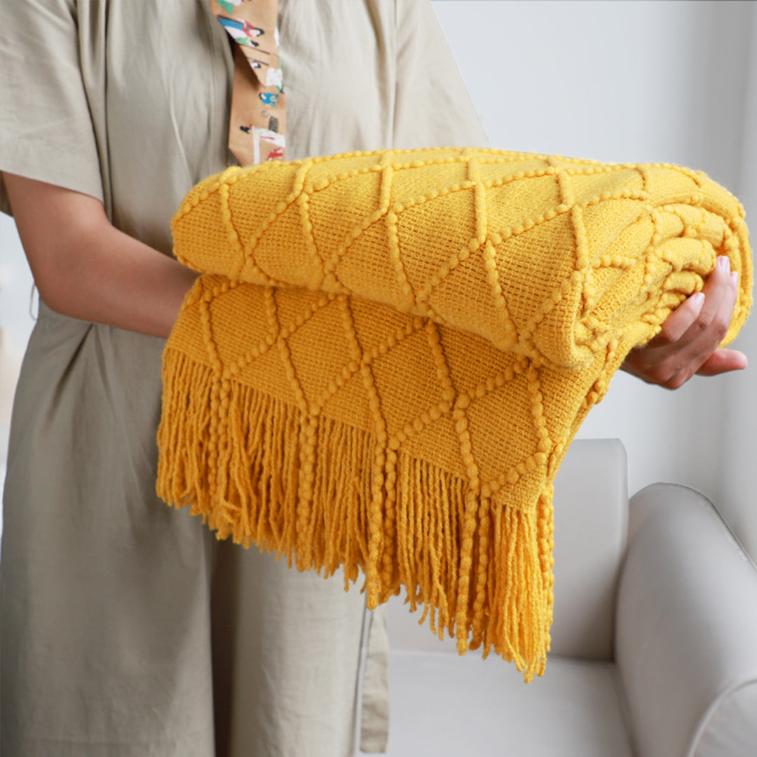 Yellow Diamond Pattern Knitted Throw Blanket Warm Cozy Woven Cover Couch Bed Sofa Home Decor with Tassels