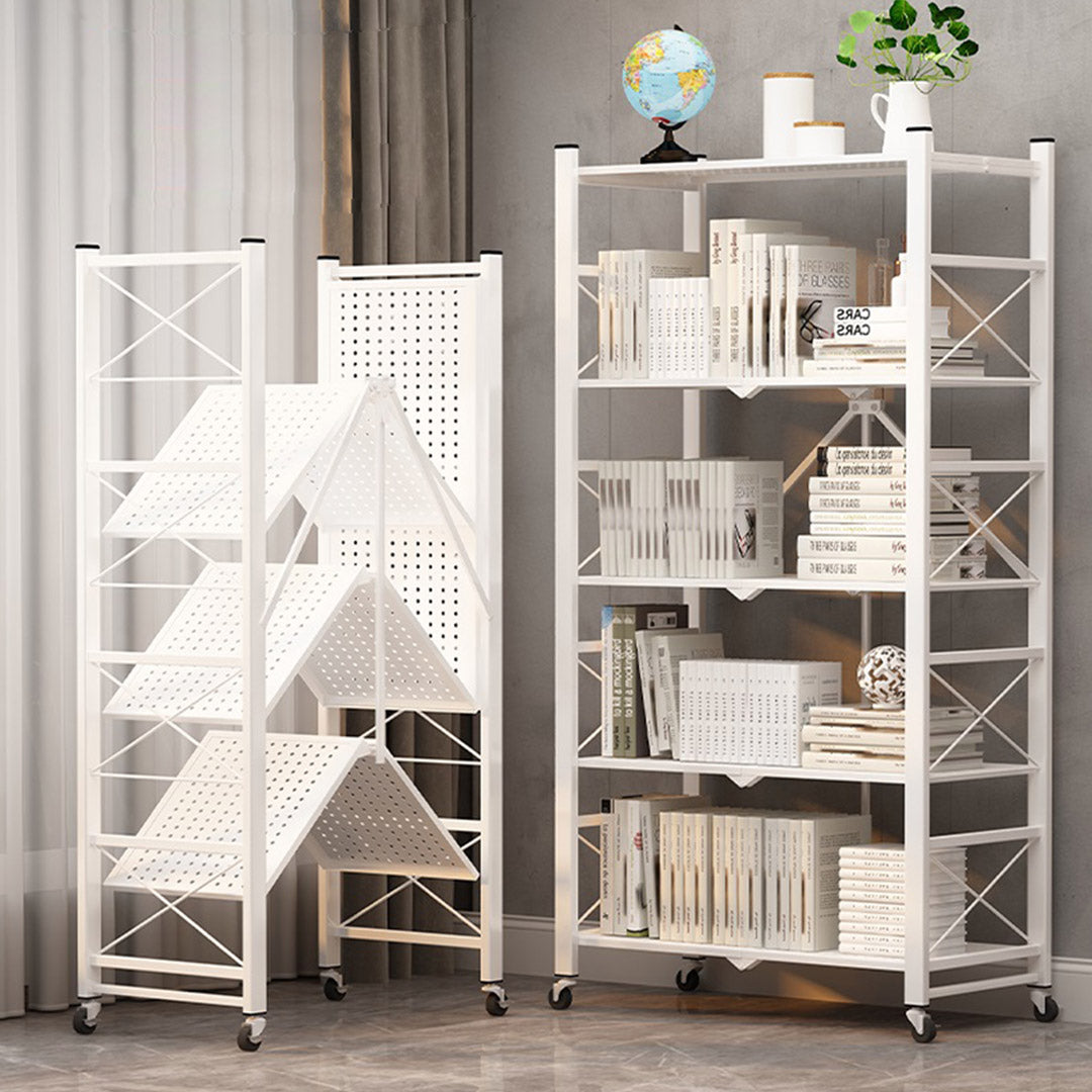 Soga 5 Tier Steel White Foldable Display Stand Multi Functional Shelves Portable Storage Organizer With Wheels
