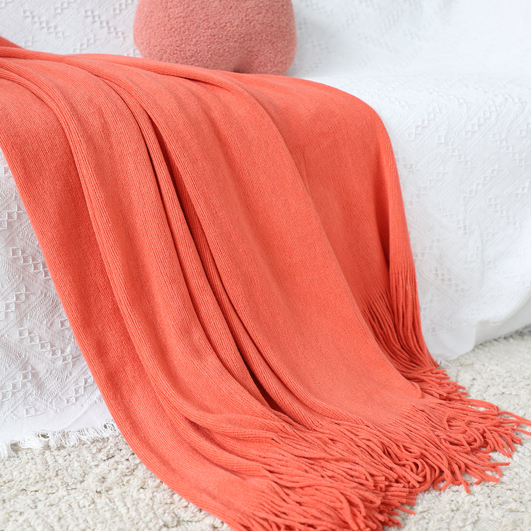 Orange Acrylic Knitted Throw Blanket Solid Fringed Warm Cozy Woven Cover Couch Bed Sofa Home Decor