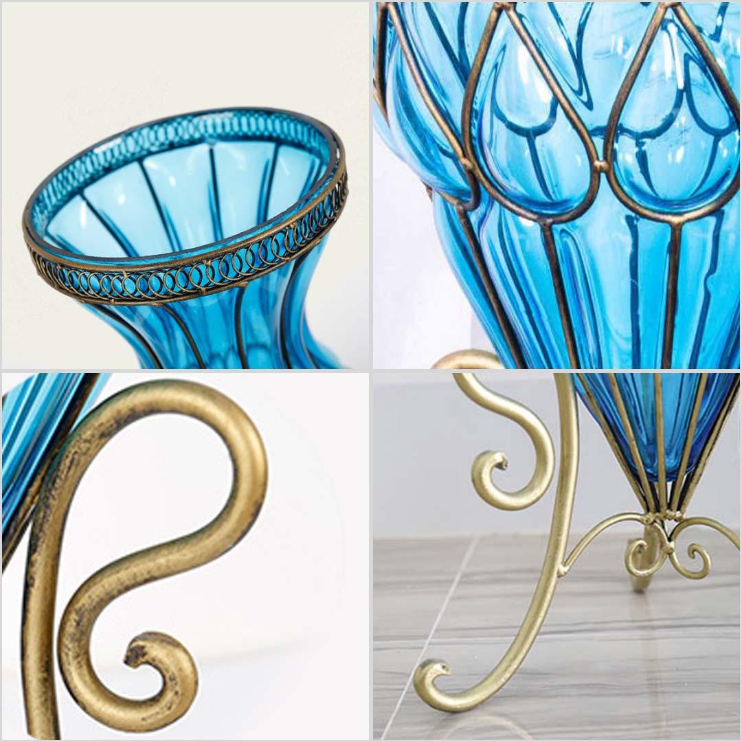 67cm Blue Glass Tall Floor Vase and 12pcs Pink Artificial Fake Flower Set