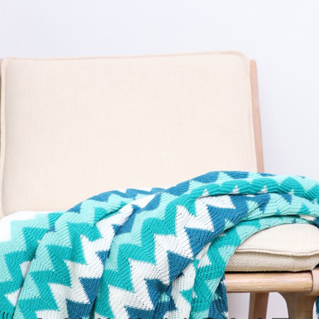 220cm Blue Zigzag Striped Throw Blanket Acrylic Wave Knitted Fringed Woven Cover Couch Bed Sofa Home Decor