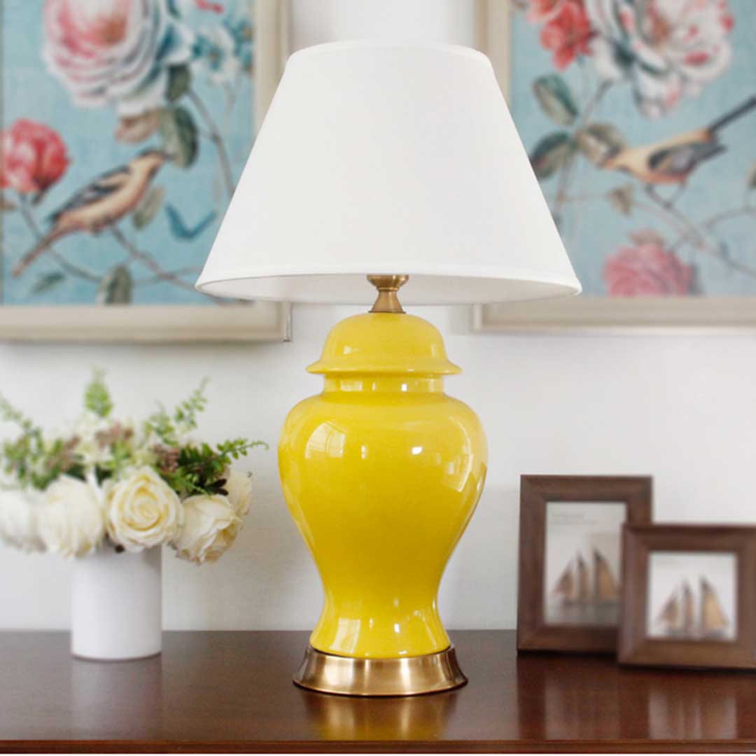 Soga 2 X Oval Ceramic Table Lamp With Gold Metal Base Desk Lamp Yellow