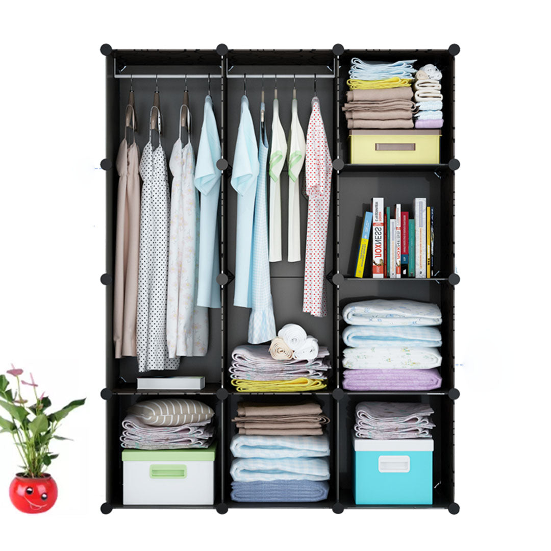 10 Cubes Black Portable Wardrobe Divide-Grid Modular Storage Organiser Foldable Closet with Doors