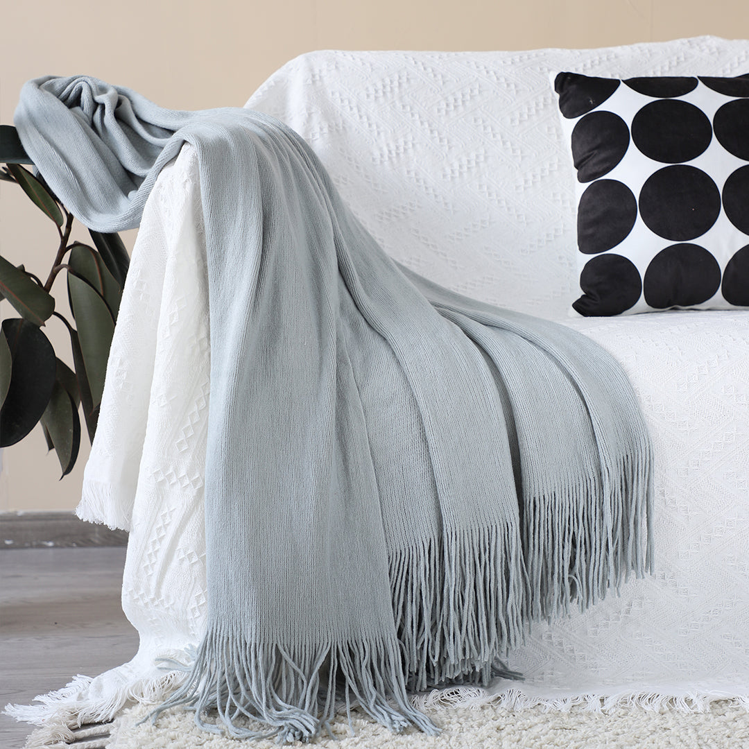 Grey Acrylic Knitted Throw Blanket Solid Fringed Warm Cozy Woven Cover Couch Bed Sofa Home Decor