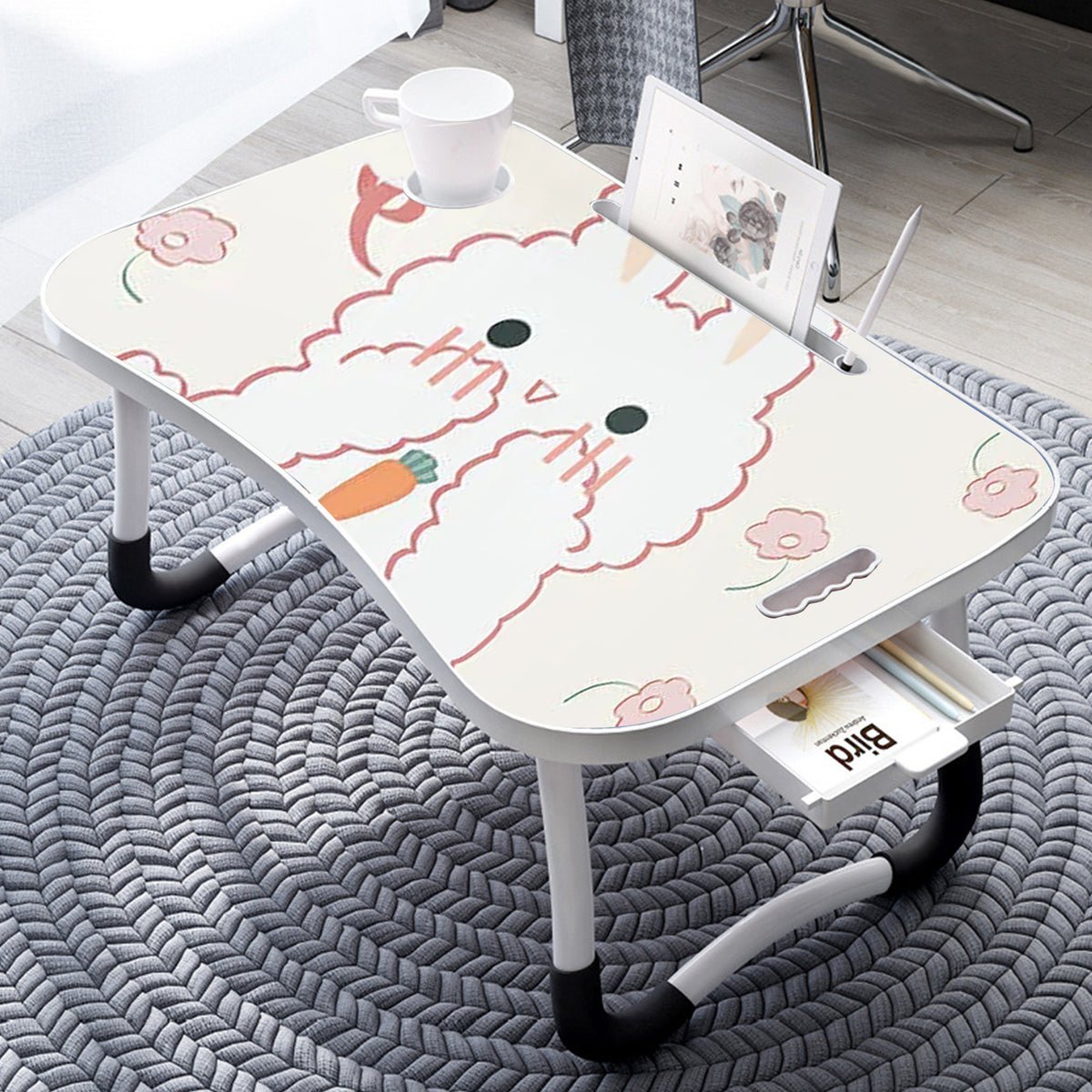 2X Cute Rabbit Design  Portable Bed Table Adjustable Foldable Bed Sofa Study Table Laptop Mini Desk with Drawer and Cup Slot Home Decor