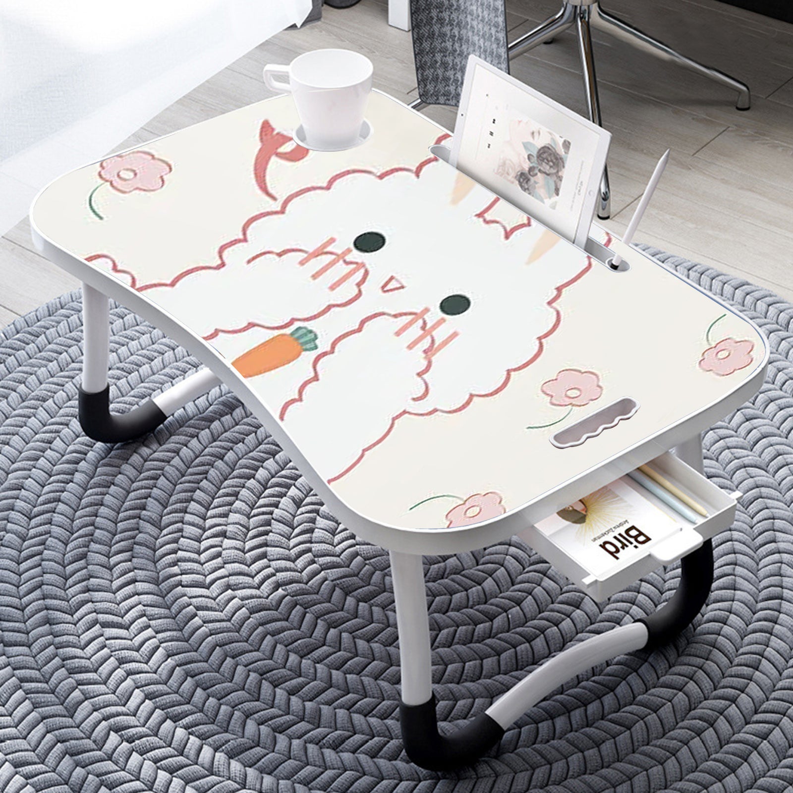2X Cute Rabbit Design  Portable Bed Table Adjustable Foldable Bed Sofa Study Table Laptop Mini Desk with Drawer and Cup Slot Home Decor