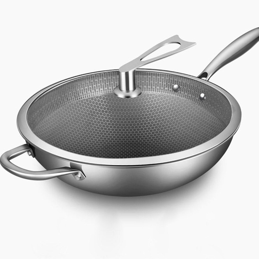 Soga 2 X 34cm Stainless Steel Tri Ply Frying Cooking Fry Pan Textured Non Stick Skillet With Glass Lid And Helper Handle