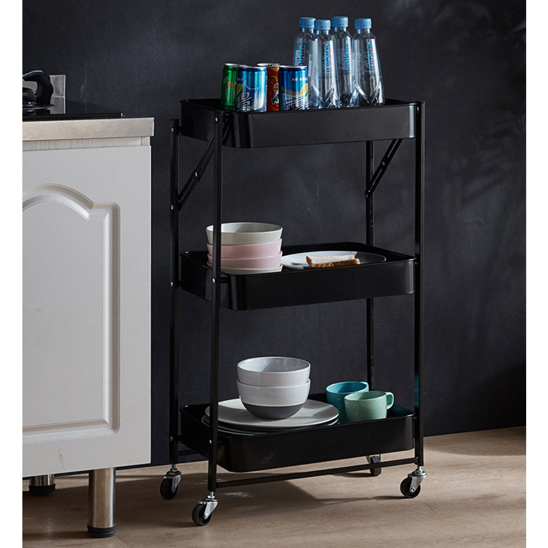 Soga 2 X 3 Tier Steel Black Foldable Kitchen Cart Multi Functional Shelves Portable Storage Organizer With Wheels