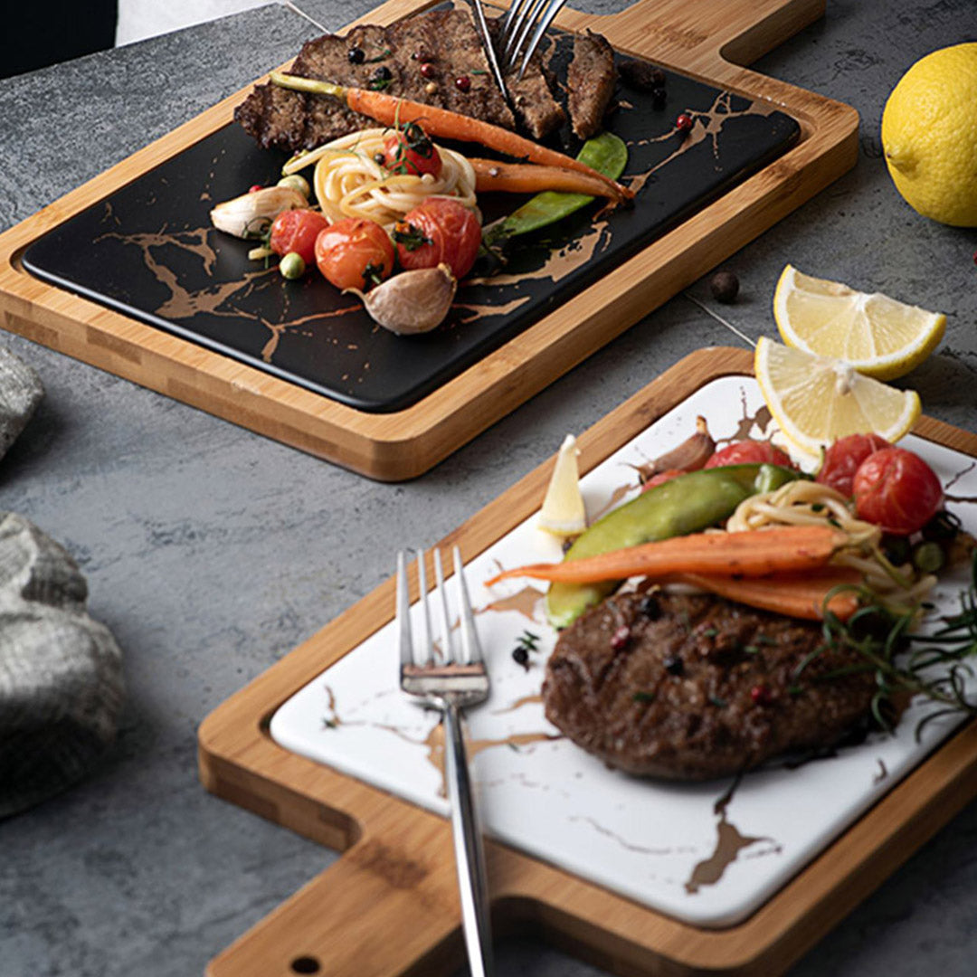 Soga 33.5cm White Square Wooden Serving Tray Slate Steak Serving Platter Chopping Board Paddle Home Decor