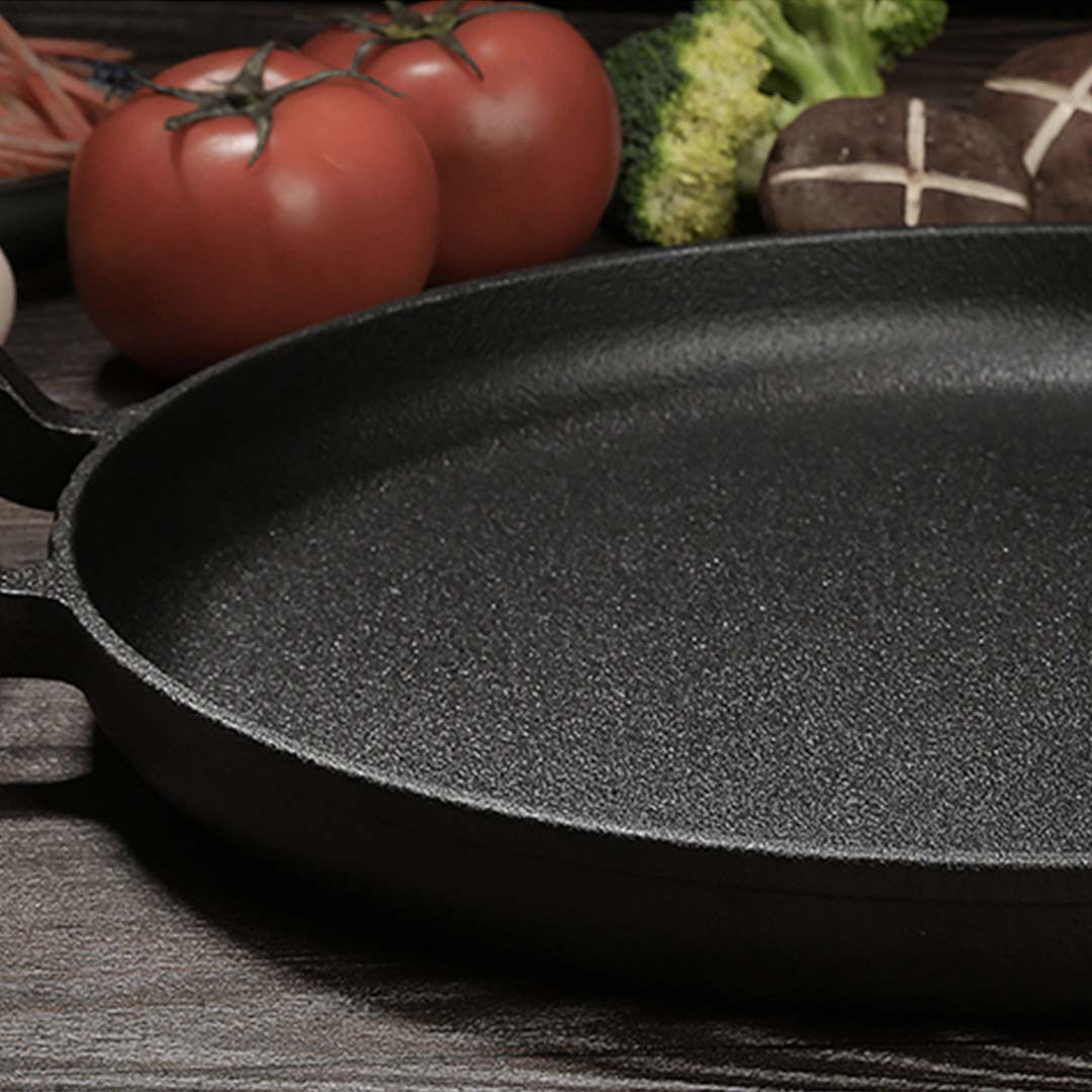 Soga 2 X 35cm Cast Iron Frying Pan Skillet Steak Sizzle Fry Platter With Wooden Handle No Lid