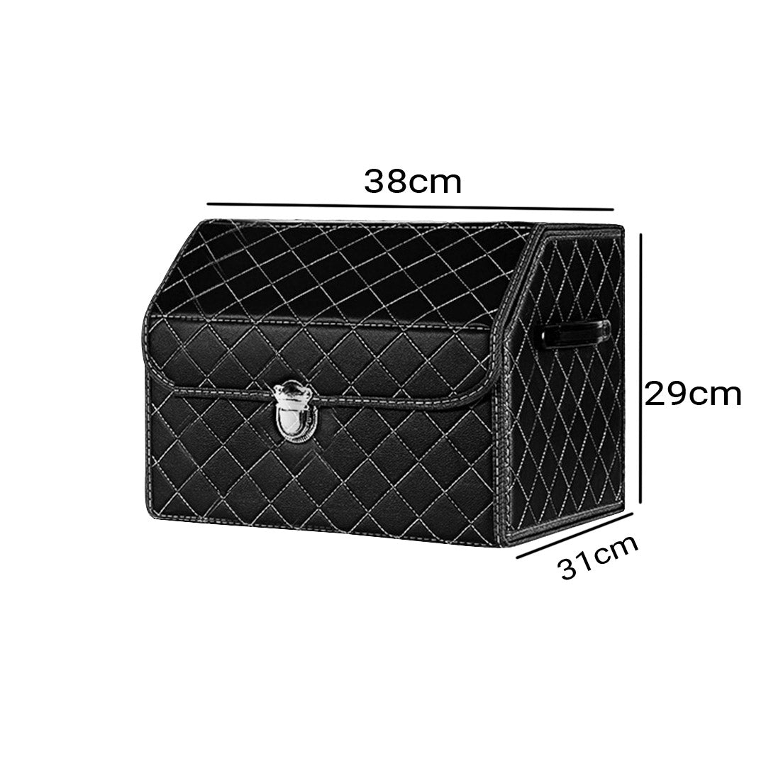 Soga 4 X Leather Car Boot Collapsible Foldable Trunk Cargo Organizer Portable Storage Box Black/White Stitch With Lock Small