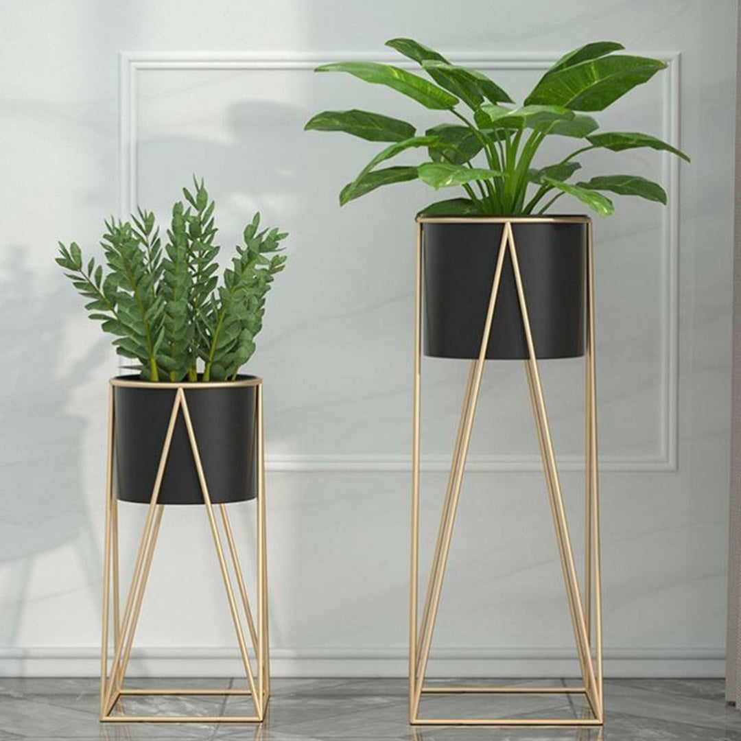 Soga 2 X 50cm Gold Metal Plant Stand With Black Flower Pot Holder Corner Shelving Rack Indoor Display