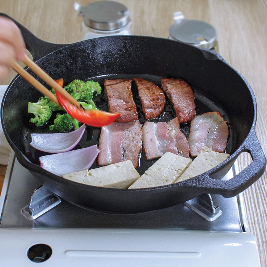 30cm Round Cast Iron Frying Pan Skillet Steak Sizzle Platter with Helper Handle