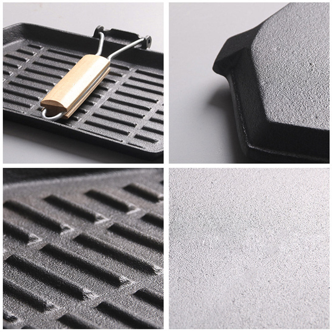 Soga 2 X Rectangular Cast Iron Griddle Grill Frying Pan With Folding Wooden Handle