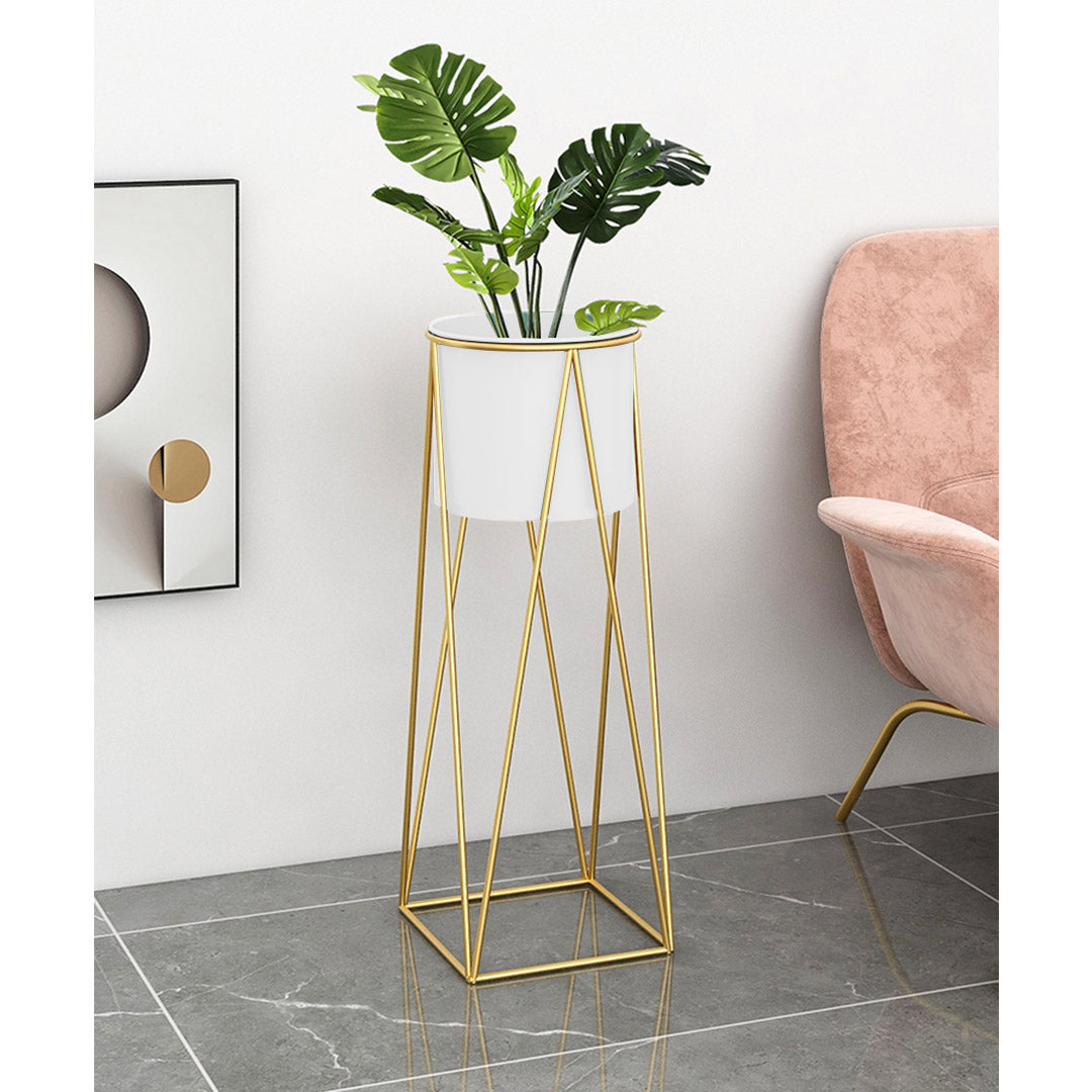 Soga 2 X 50cm Gold Metal Plant Stand With White Flower Pot Holder Corner Shelving Rack Indoor Display