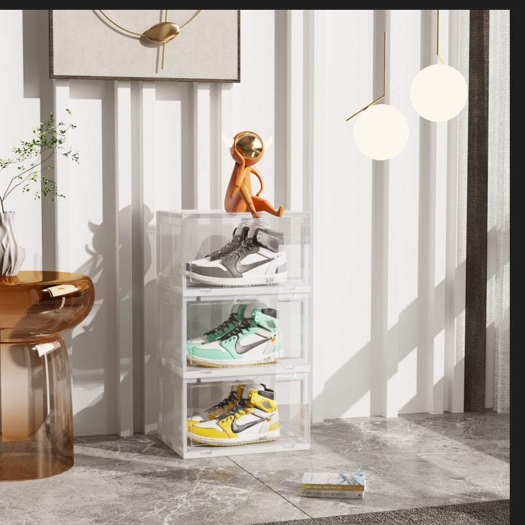 2X 3 Tier Transparent Portable Shoe Organiser Sneaker Footwear Folding Plastic Bin Stackable Storage Box with Magnetic Door