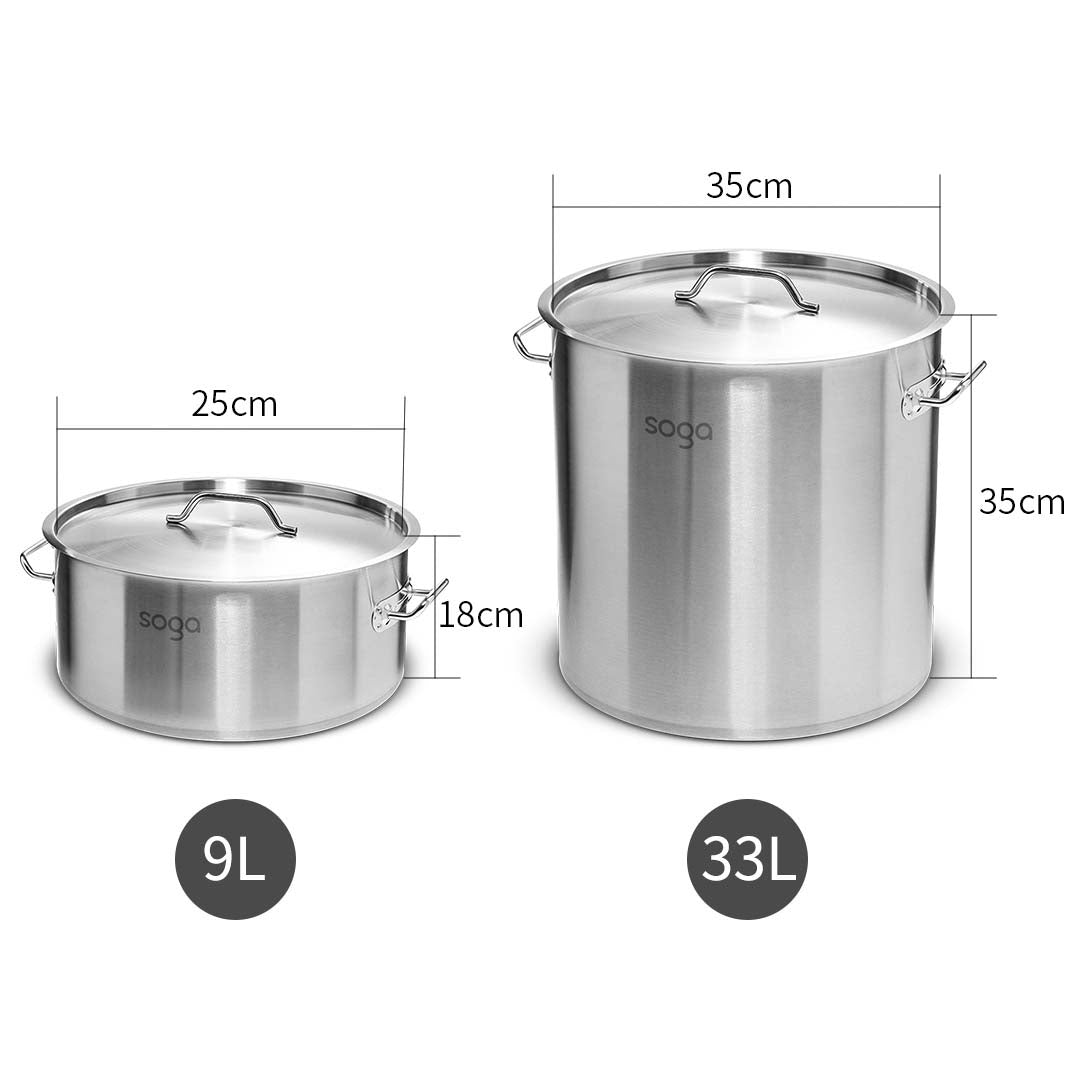 Soga 9 L Wide Stock Pot And 33 L Tall Top Grade Thick Stainless Steel Stockpot 18/10
