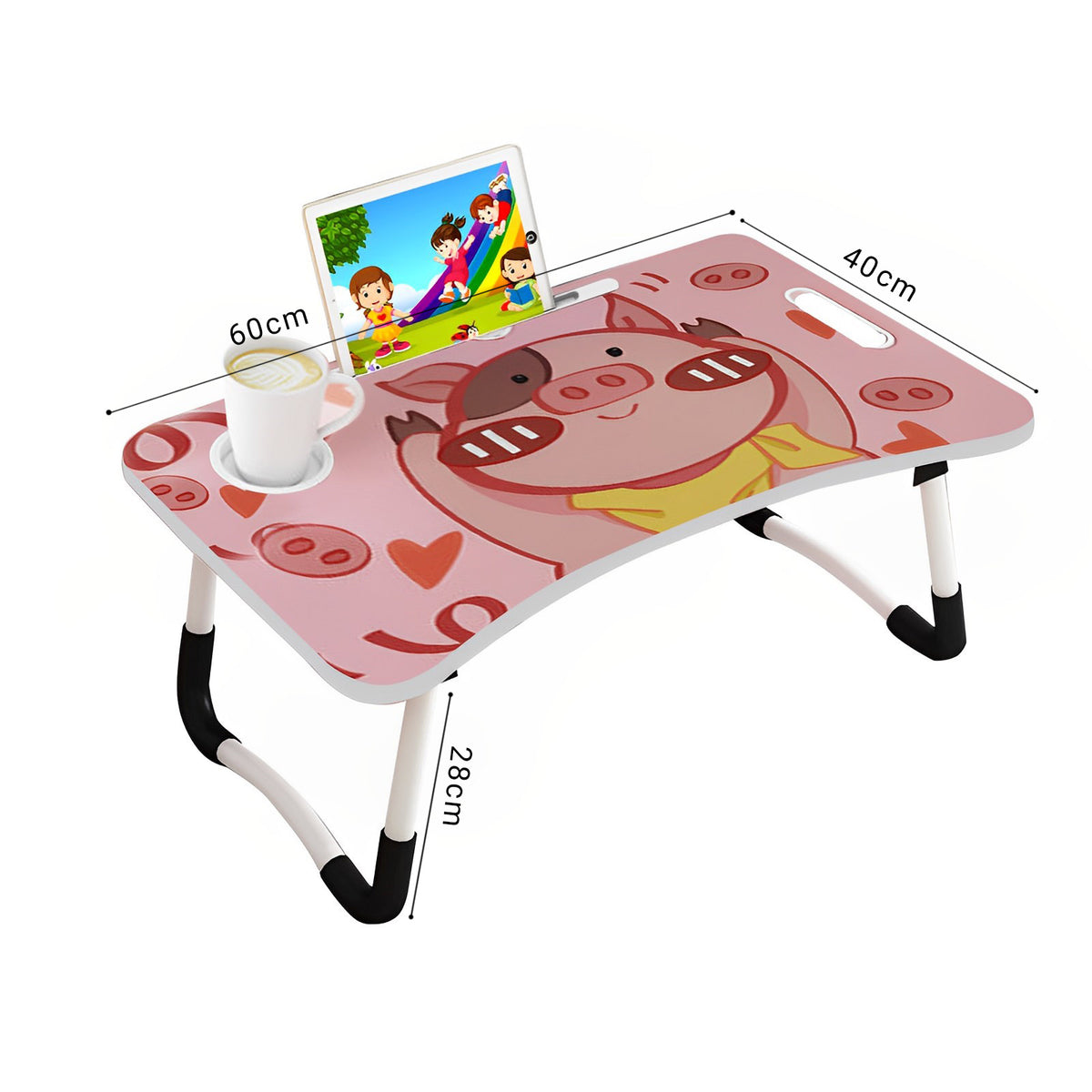 2X Cute Pig Design Portable Bed Table Adjustable Foldable Bed Sofa Study Table Laptop Mini Desk with Drawer and Cup Slot Home Decor