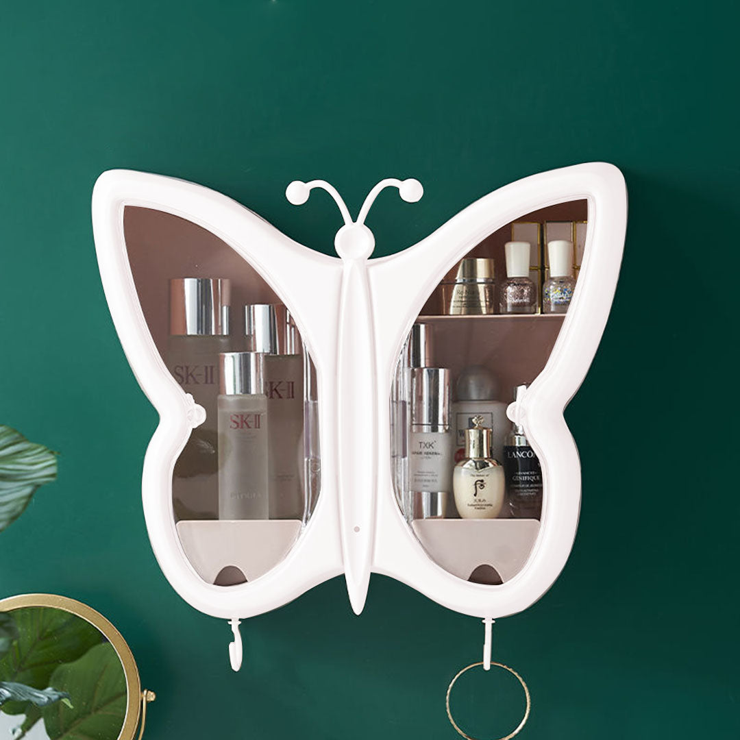 2X White Butterfly Shape Wall-Mounted Makeup Organiser Dustproof Waterproof Bathroom Storage Box Home Decor