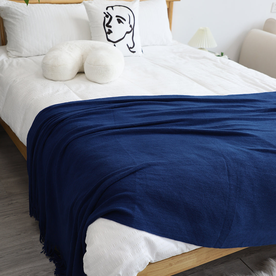 2X Royal Blue Acrylic Knitted Throw Blanket Solid Fringed Warm Cozy Woven Cover Couch Bed Sofa Home Decor