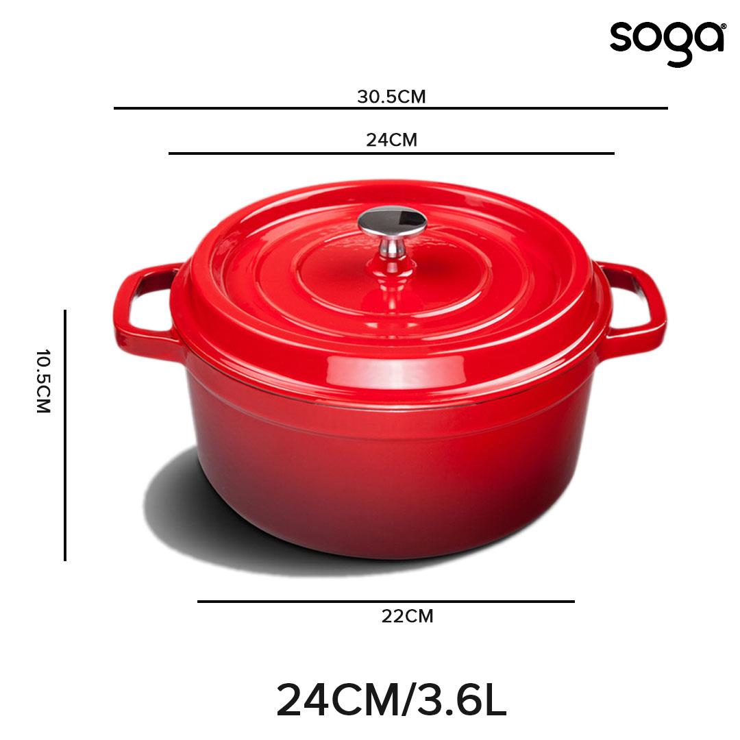 Soga Cast Iron Enamel 24cm Porcelain Stewpot Casserole Stew Cooking Pot With Lid 3.6 L Red
