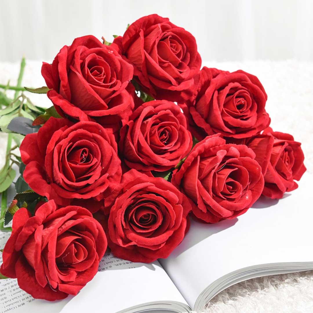 Soga 10pcs Artificial Silk Flower Fake Rose Bouquet Table Decor Red