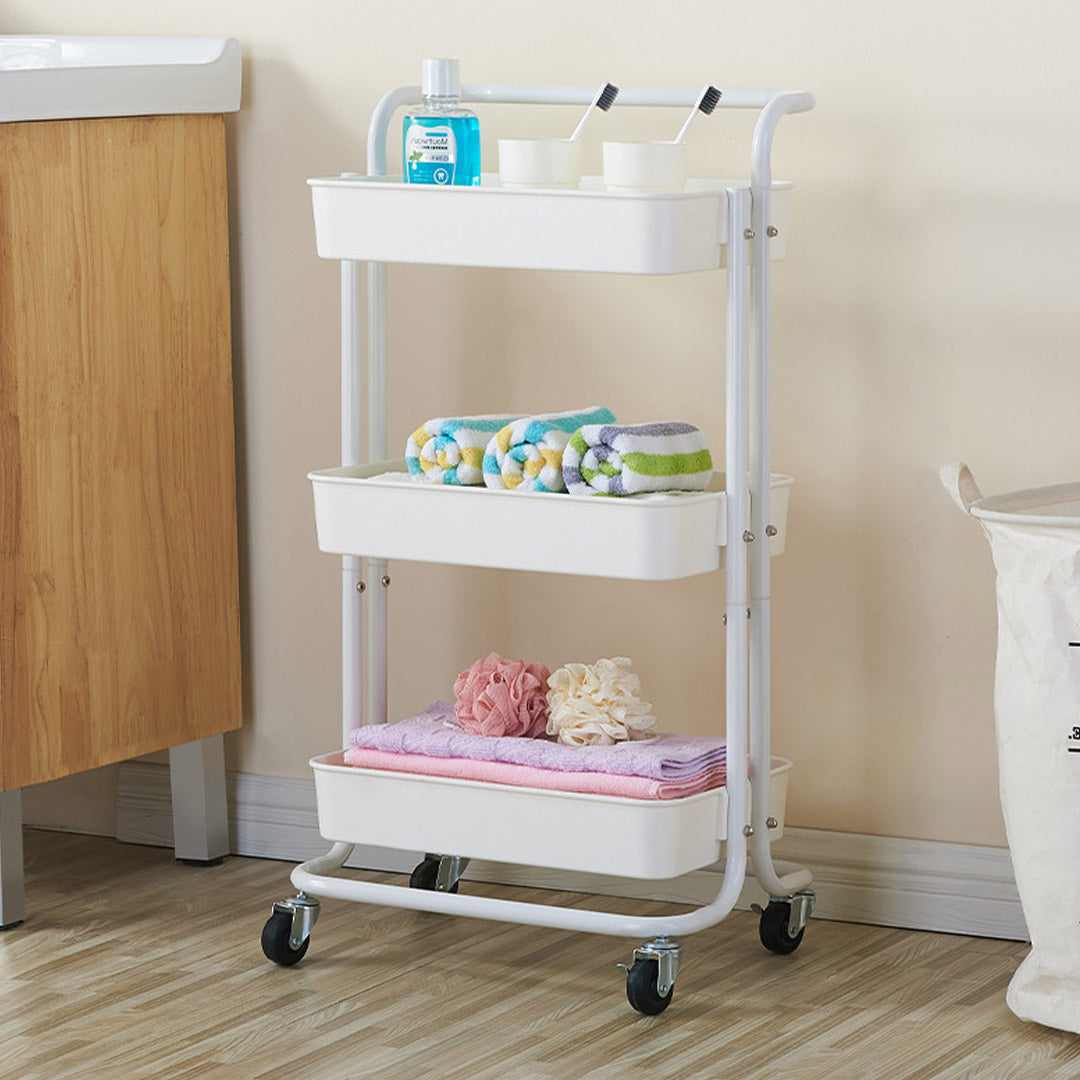 Soga 3 Tier Steel White Movable Kitchen Cart Multi Functional Shelves Portable Storage Organizer With Wheels