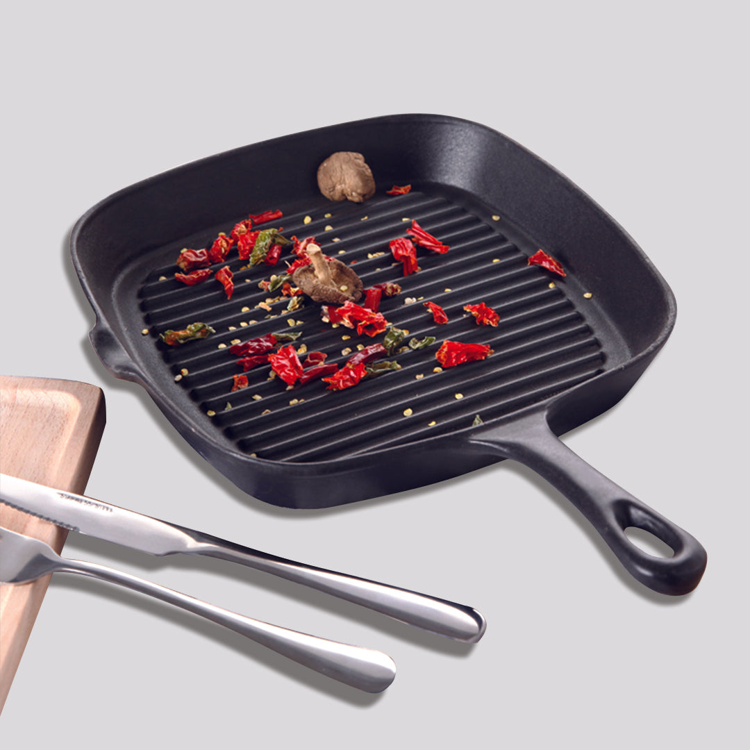 Soga 2 X 23.5cm Square Ribbed Cast Iron Frying Pan Skillet Steak Sizzle Platter With Handle