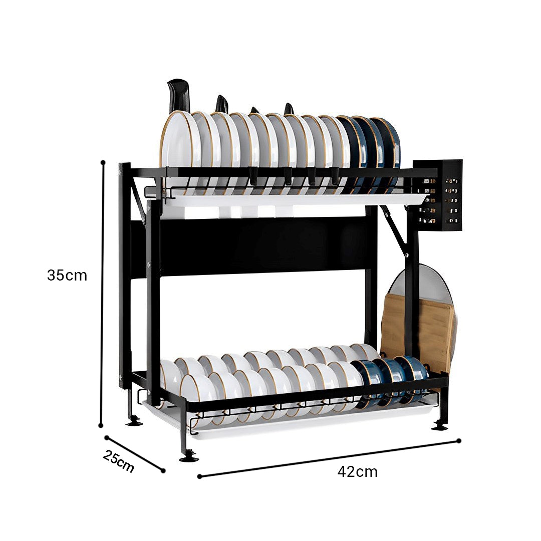 2 Tier Steel Black Kitchen Countertop Drying Dish Rack Plate Cutlery Cutting Board Holder Dish Drainer Kitchen Organiser