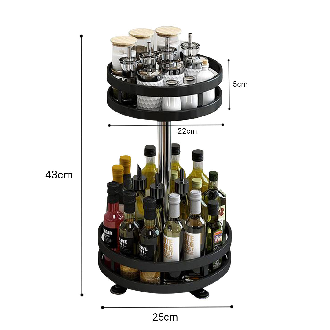 2 Tier Steel Black Round Rotating Multi-Function Kitchen Portable Storage Spice Seasoning Kitchen Countertop Organiser Shelf